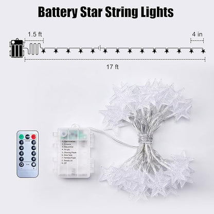 Brightown Star String Lights Battery Operated - 17 ft 50 LED Star Fairy String Lights with Remote and Timer, 8 Modes Waterproof for Bedroom Tent Loft Bed Patio Party Wedding Decor, Multicolor