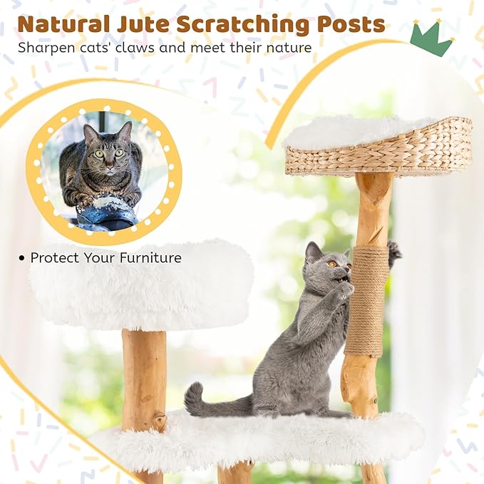 Tangkula Cat Tree Tower, Solid Wood Modern Cat Tower with Top Cattail Basket Bed, Side Perch, Large Platform & Condo, Cute Cat Tree with Scratching Posts for Indoor Cats Large Adult-Mewly Pet