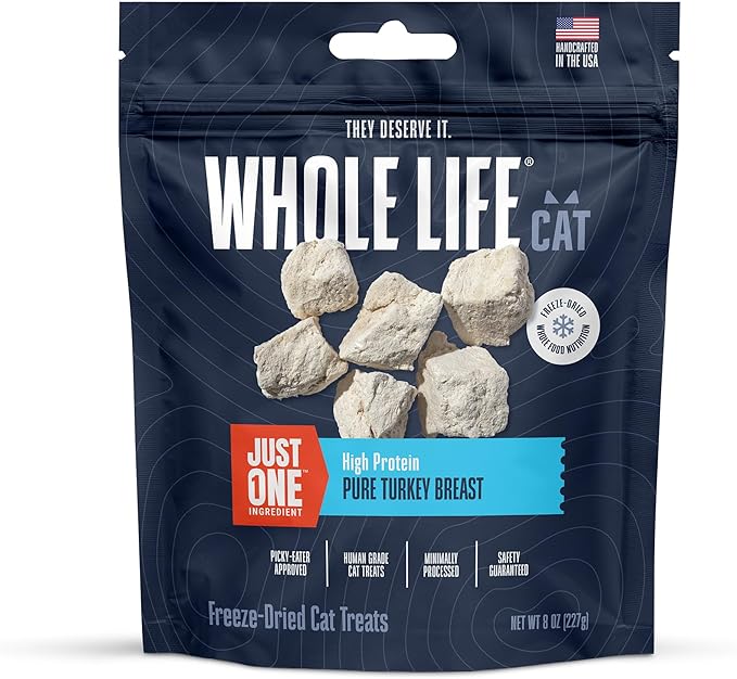 Whole Life Cat Just One Turkey Freeze Dried Cat Treats - Human Grade High Protein Food, Healthy Training Snacks, Freeze Dried Turkey Food Toppers, USA Made Natural Treats - 8 oz (Pack of 1)-Mewly Pet