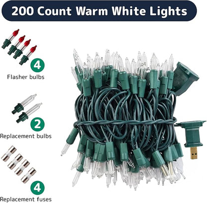 PREXTEX 200 Count Clear Christmas Tree Lights - 40 ft Warm Fairy String Lights with Green Wire - Indoor and Outdoor Mini Light for Christmas, Holiday Decorations, Trees, Fences, Patios and More