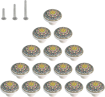 HUAMULAN 15 Pack Boheimian Retro Ceramic Knobs Vintage Dresser Button Shape Mushroom Boho Kitchen Petal Cabinet Pulls Cupboard Wardrobe Drawer Door Handles Glossy