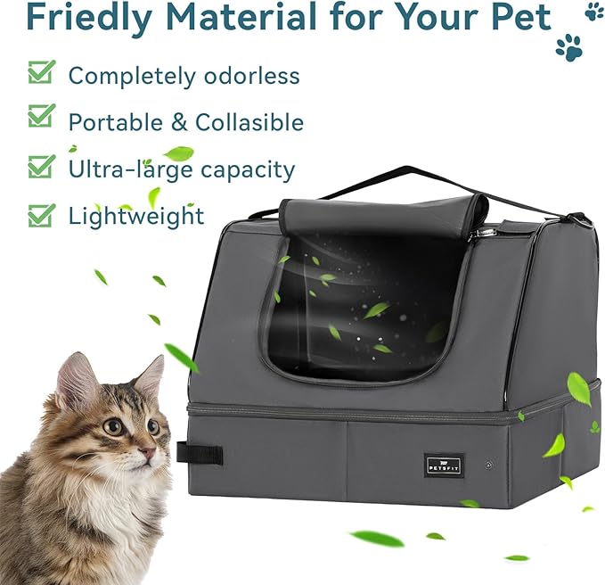 PETSFIT Portable Cat Litter Box - Removable 2-Layer Leak-Proof Lining, Scratch-Resistant Fabric with Sturdy Support Frame, Travel & Collapsible Cat Litter Box Grey-Mewly Pet