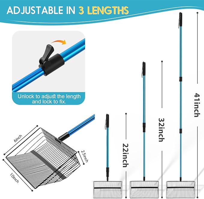 Large Chicken Poop Scooper & Rake: 22"-41" Extendable Long Handle Metal Chicken Coop Scooper with Detachable Heavy Duty Litter Sifting Shovel for Pet Waste | Chicken Coop Accessories-Mewly Pet