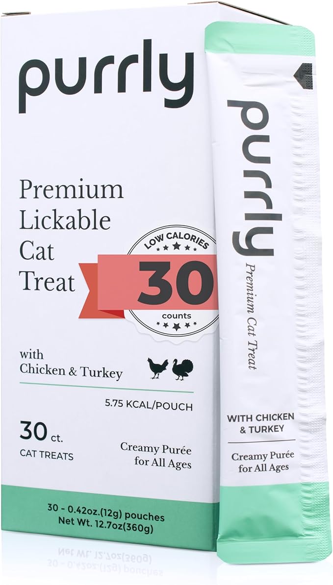 Purrly Interactive Lickable Cat Treats Low Calorie Human-Grade Chicken Breast & Turkey with L-Lysine & Astaxanthin for Immunity (30 Count) Non-Seafood Hydrating BPA-Free for All Ages-Mewly Pet