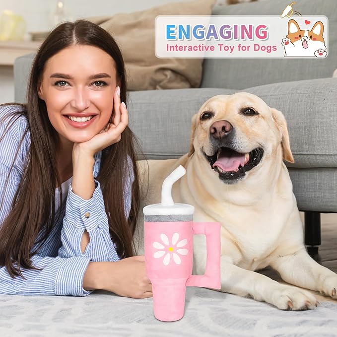 Squeaky Dog Toy - Crinkle Pup Cup Tumbler Plush Dog Toy with Cute Daisy Design for Small Medium Breeds, Funny Interactive Puppy Birthday Gift (Pink)-Mewly Pet