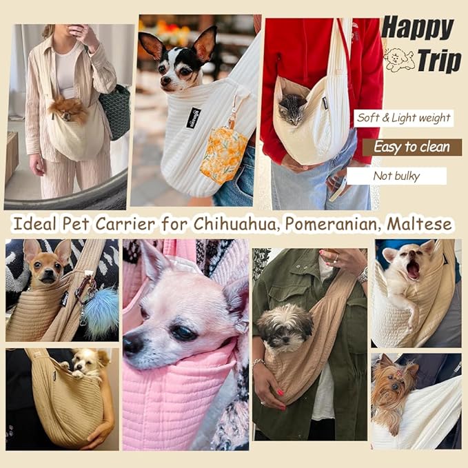 NATUYA Small Dog Carrier Sling Cat Sling, Adjustable Strap Comfy Stylish Puppy Pouch with Big Pockets for Travel Walking Subway (Brown,Adjust Strap-Canvas)-Mewly Pet