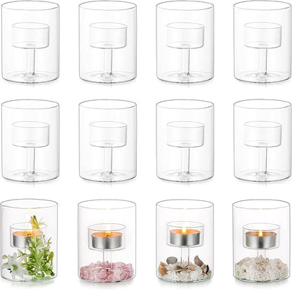 Glasseam Tea Lights Candle Holder: Set of 12 Decorative Modern Clear Glass Cylinder Candle Holders for Table Wedding Centerpiece Birthday Party Decorations