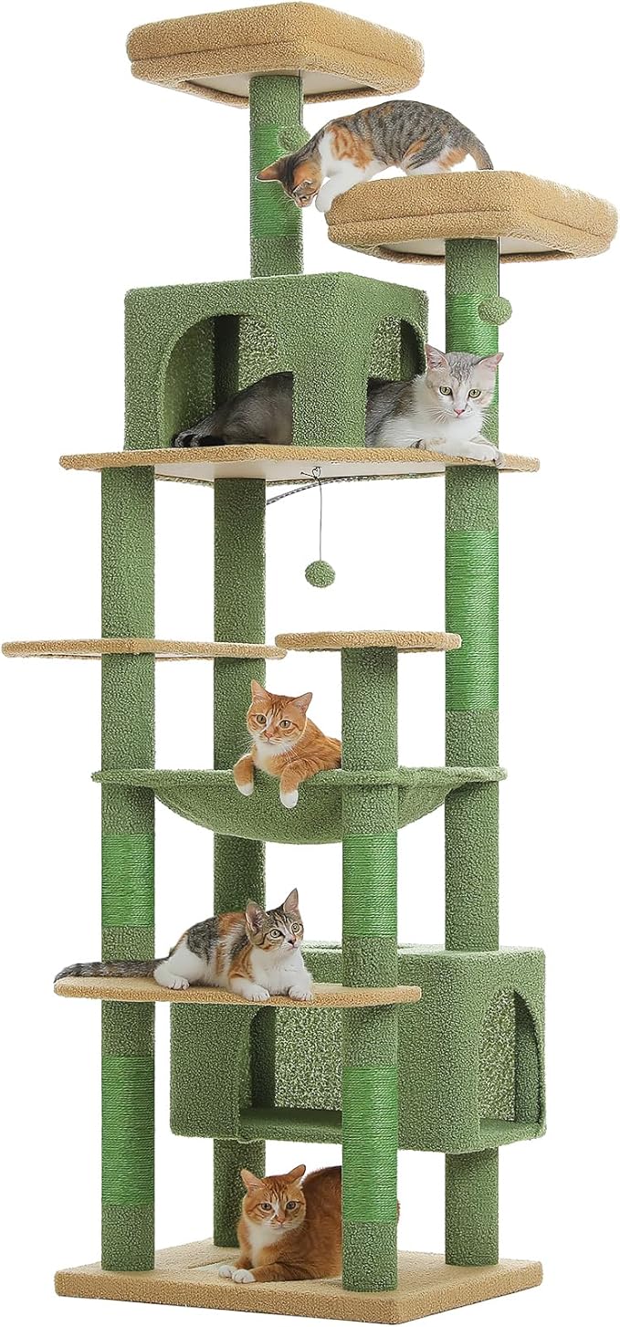 PAWZ Road Heavy Duty Cat Tree for Large Cats, 81 Inches Cactus Tall Cat Tower with 2 Perches, 2 Condos and Spacious Hammock, XL Extra Large Condo with 7 Scratching Posts for 20lb+ Adult Cats, Green-Mewly Pet