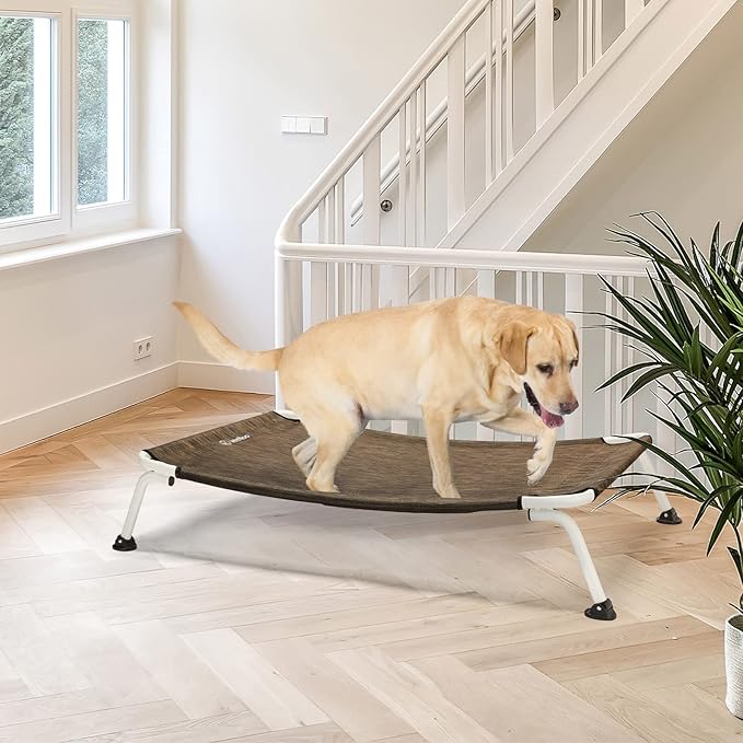 Veehoo Elevated Dog Bed for Outdoor, Cooling Waterproof Raised Dog Cots Beds for Large Dogs, Curved Off Ground Pet Hammock Cot Lifted for Outside, up to 85lbs, White Legs, Brown 42"-Mewly Pet