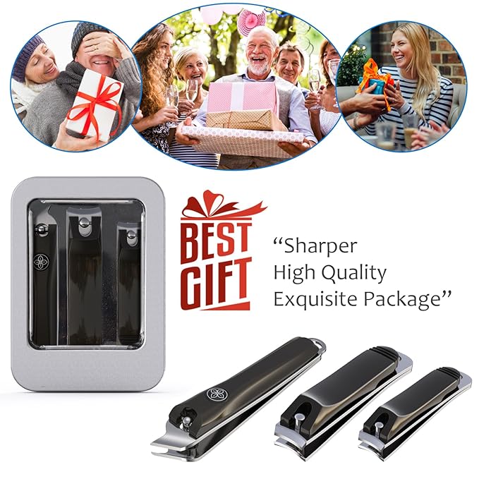 GLAMFIELDS 3pcs Nail Clippers Set, Black Stainless Steel Slanted Edge Nail Clipper & Fingernail & Thick Toenail Trimmer for Men and Women-Mewly Pet