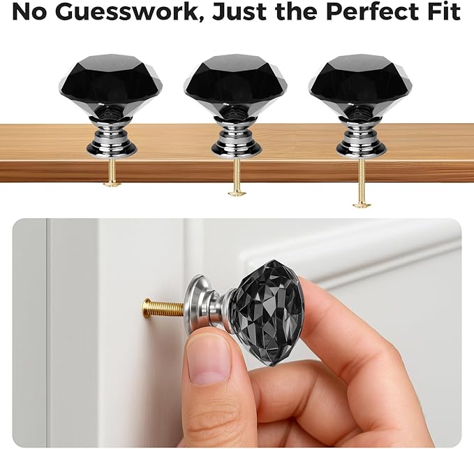 DEELF 25 Packs Kitchen Cabinet Knobs, 30 mm Crystal Cabinet Knobs, Diamond Dresser Handle Drawer Pulls, Dresser Knobs for Cabinets and Drawers, Black