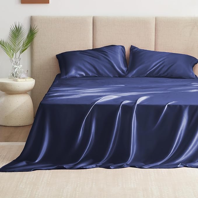 Love's cabin Satin Queen Sheets Set - 4 Piece Navy Blue Silky Bed Sheets with Deep Pocket, Luxury Silk Feel Satin Queen Size Sheet Set (1 Flat Sheet,1 Fitted Sheet,2 Pillow Cases)