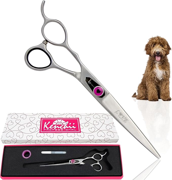 Kenchii Love Left Handed Dog Grooming Scissors, 7 Inch Straight Shears, Dog Scissors for Grooming, Professional Pet Grooming Scissors, Ergonomic & Comfortable-Mewly Pet