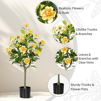 Artificial Camellia Tree 2 Pack, Artificial Plants Outdoor Faux Floral Plant in Cement Pot Fake Silk Camellia Tree Plants for Home House Living Room Office Decor