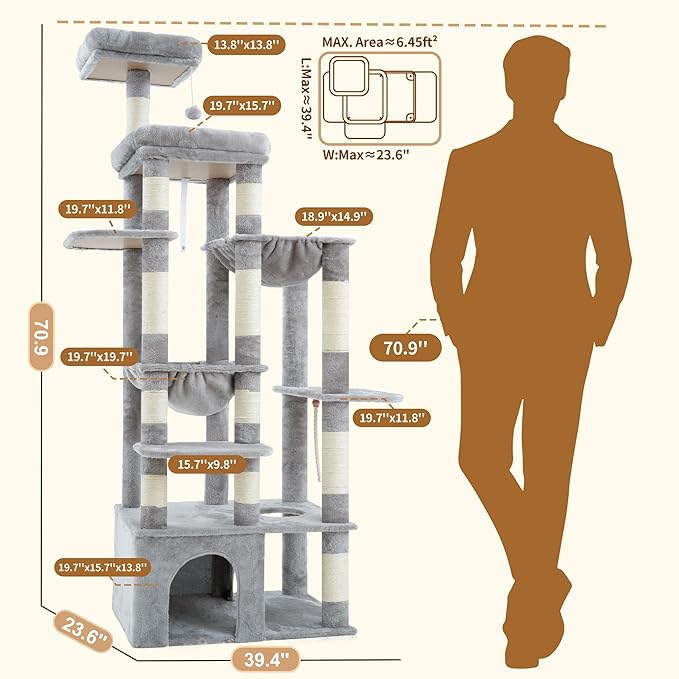 Heybly Heavy Duty Cat Tree, 71-Inch Tall Tower for Large Maine Coon with Extra-Large Baseboard, Cat Condo Furniture with Multi-Level Platforms, 2 Hammocks and 12 Scratching Posts, Light Gray HCT037W-Mewly Pet