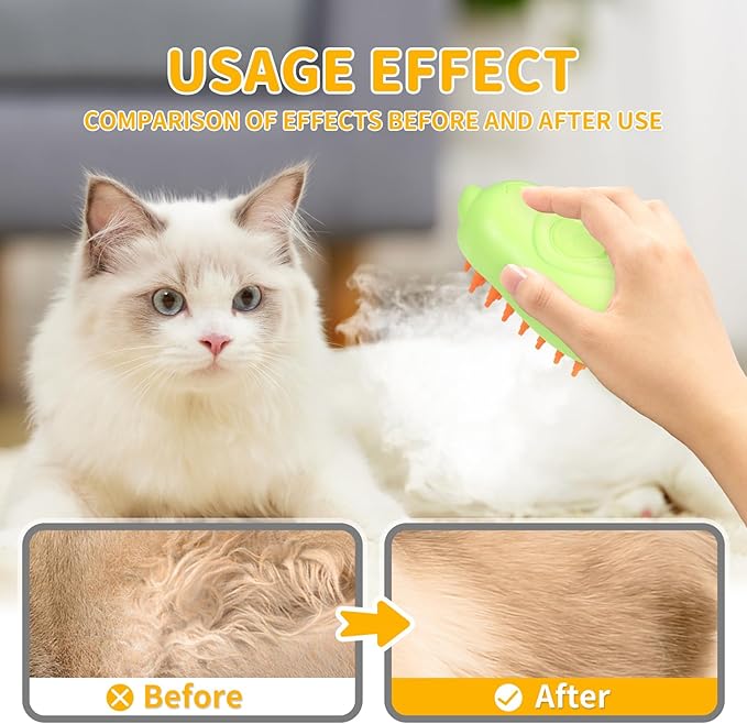 Rechargeable 3in1 Self-Cleaning Steam Grooming Brush for Cat and Dog Shedding - 2 Gears for Long/Short Hair - Green-Mewly Pet