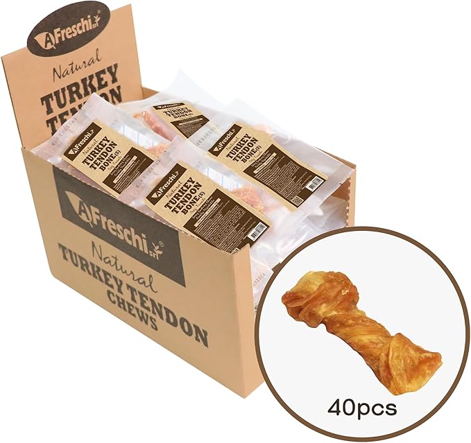 Afreschi Natural Turkey Tendon Bone (S) 40 Units/Box, Dog Treats for Signature Series, All Natural Human Grade Puppy Chew, USA-Sourced Turkey Tendon, Hypoallergenic, Rawhide Alternative-Mewly Pet