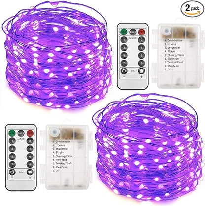 Twinkle Star 2 Pack Halloween Fairy Lights Battery Operated, Total 66 ft 200 Led String Lights Remote Control Timer Twinkle String Lights 8 Modes Firefly Lights for Garden Party Indoor Decor, Purple