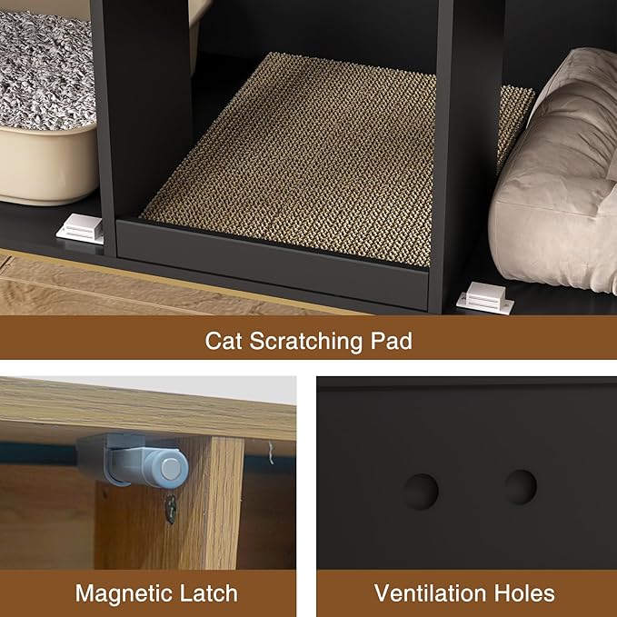 Litter Box Enclosure for 2 Cats, Fluted Hidden Cat Litter Box Furniture with Scratch Pad and Metal Legs, Modern Double Room Kitty House for Living Room, Washroom, 47.2”L x 17.7”W x 25.9”H, Black-Mewly Pet