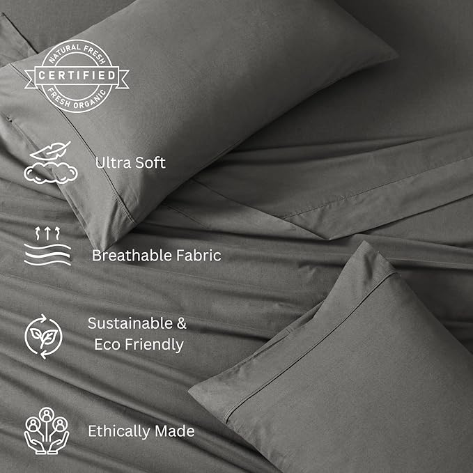 LANE LINEN 100% Organic Cotton Twin Sheets Set, 3PC Twin Bed Sheets, Cotton Sheets Twin Size Bed Set, Dorm Room Essentials with 15" Deep Pocket Fitted Sheet - Charcoal & White Twin Sheets (2 Pack)