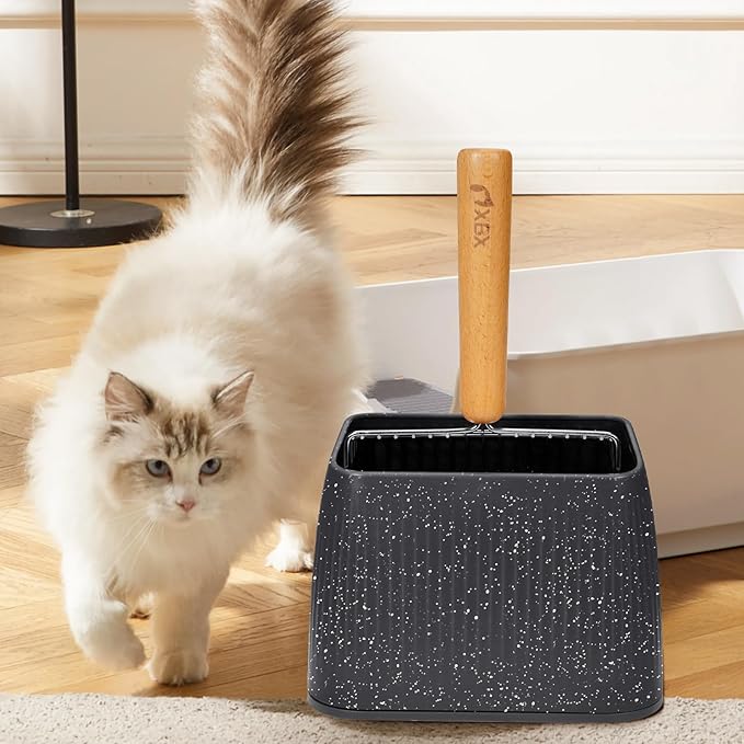XBX Cat Litter Scoop with Holder, Heavy Duty Litter Sifter, Stainless Steel Litter Shovel, Litter Scooper with Beech Wood Grip and Washable Stand, Perfect for Cat Litter Box Cleaning-Mewly Pet