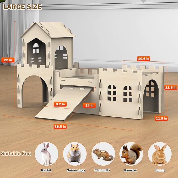 Large Bunny House and Hideouts, Wooden Dual-Layer Rabbit Castle with Stair, Rubber Band-Free Setup - Chew-Proof, Sturdy Habitat for Guinea Pig Chinchilla Ferret (Rabbit House)-Mewly Pet