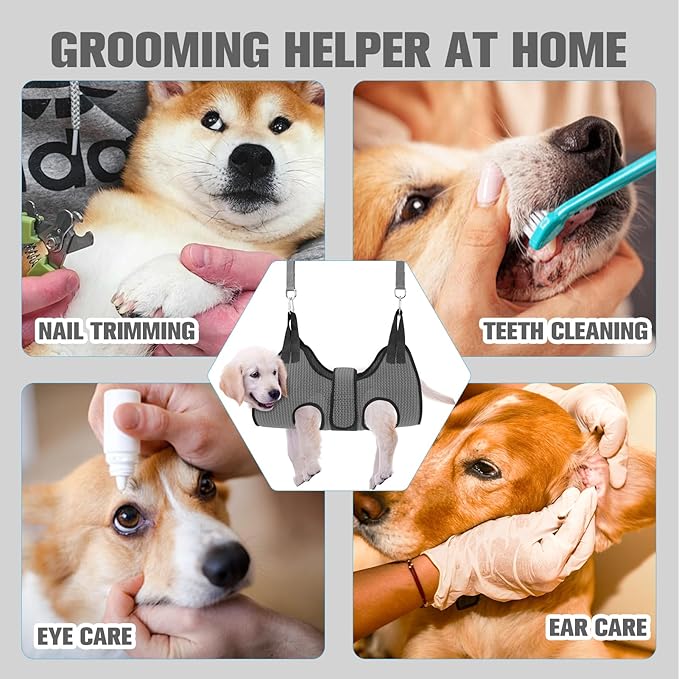 PAWCHIE Dog Grooming Hammock Harness for Dogs & Cats with Pet Nail Clipper Trimmer- Breathable Cat Hanger Sling for Trimming Clipping Nails-Dog Hammock Restraint Bag for Small Medium Large Dog, Grey M-Mewly Pet
