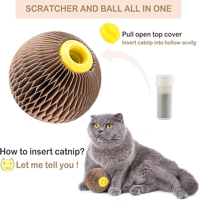 AREIIA Catnip Ball Toy for Cats Catnip Refillable Scratcher Ball Kitty's Faithful Playmate Reduce Obesity and Loneliness CSB01BR-Mewly Pet