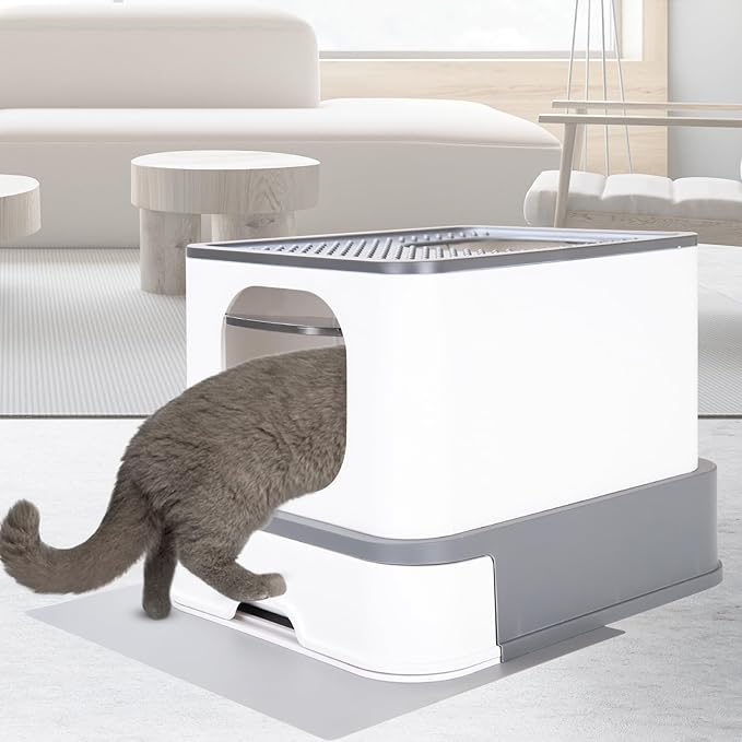 RIZZARI Cat Litter Box Stainless Steel Top-Entry : Leak-Proof Enclosed Design Reduces Odor, for Indoor Cats & Owners (Dark Gray)-Mewly Pet
