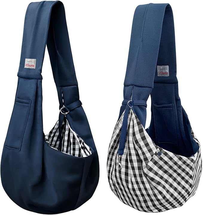 Pet Dog Sling Carrier for 3-10 lbs pet,Dog Purse Pouch,Dog Satchel,Reversible unadjustable Strap Travel Hand-Free Safe Bag Small Puppy Backpack (Dark Blue)-Mewly Pet