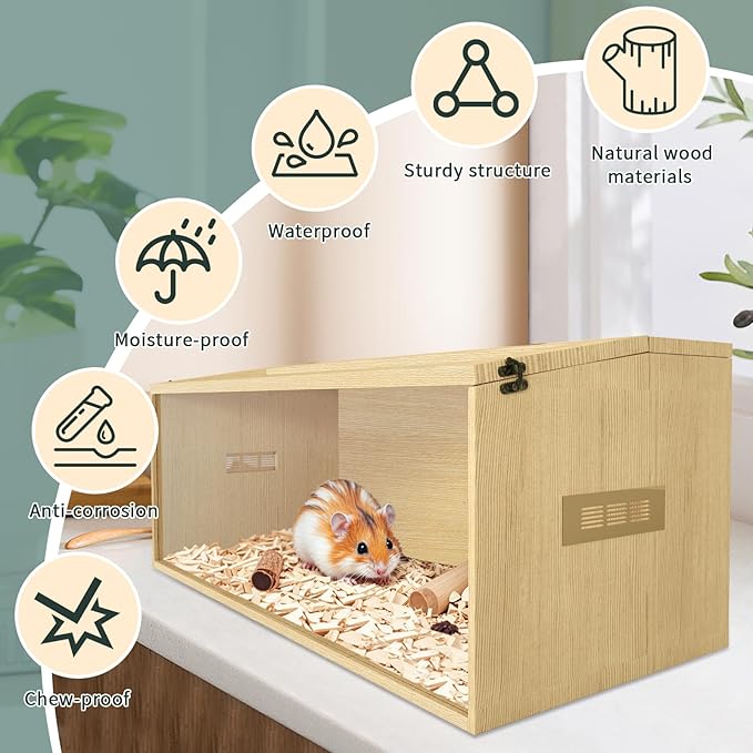 Large Hamster Cage 40", Top Opening Lockable Roof, Gerbil Cage with Ventilation Window, Dwarf Hamster Cages and Habitats, Chewproof Syrian Hamster Habitat Enclosure, (Wooden, 40" L x 16" W x 16" H)-Mewly Pet