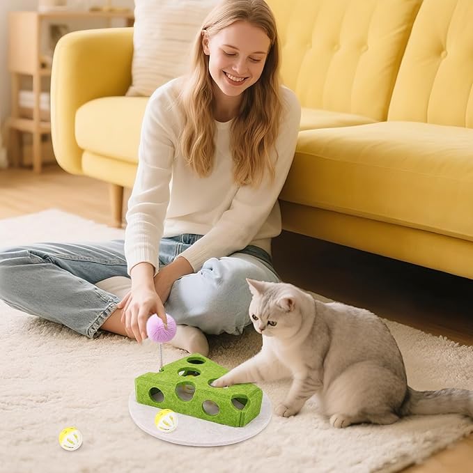 Interactive Cat Puzzle Toy for Indoor Cats & Kittens - Fun Track Balls & Spring Teaser in Stimulating Felt Puzzle Box (Green) - Mental Enrichment Game-Mewly Pet