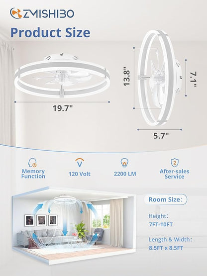 ZMISHIBO Ceiling Fans with Lights and Remote, 19.7'' Low Profile Ceiling Fan, 3000-6000K Dimmable Modern Flush Mount LED Fan Light, 6 Wind Speeds, White Fandelier Ceiling Fans for Bedroom