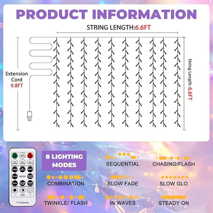 Curtain Light for Bedroom, 200LED 6.6x6.6ft Multicolor Window Wall Hanging Fairy Curtain String Light, 8 Modes Remote Fairy String Lights Indoor for Wedding Party Home Garden Decorations