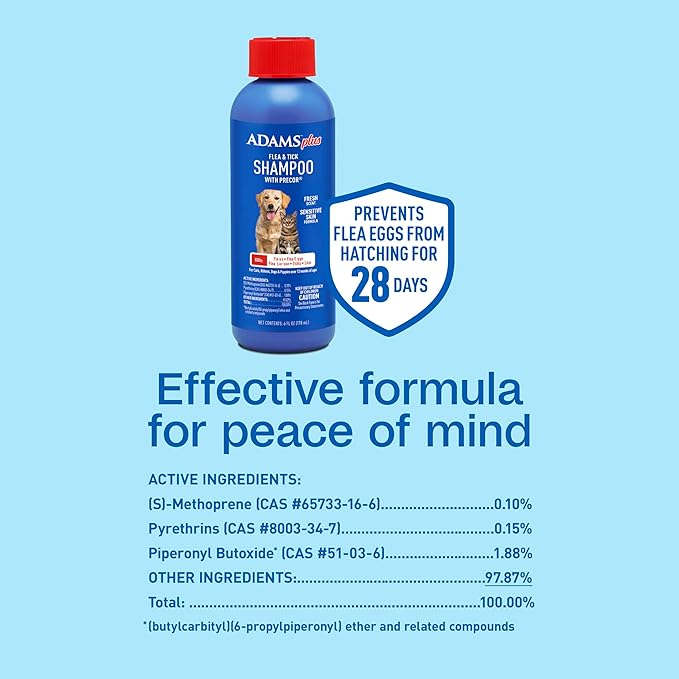 Adams Plus Flea & Tick Shampoo with Precor for Cats, Kittens, Dogs & Puppies Over 12 Weeks Of Age |Sensitive Skin Flea Treatment for Dogs & Cats |Kills Adult Fleas, Flea Eggs, Ticks, and Lice |6 Oz-Mewly Pet