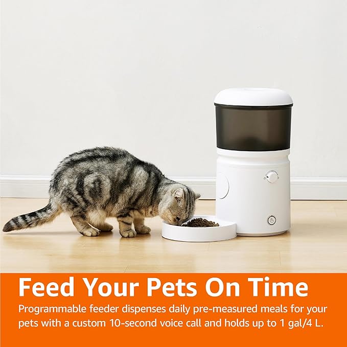 Amazon Basics Automatic Feeder for Cats and Dogs with Speed & Portion Control, 4L Capacity, White-Mewly Pet