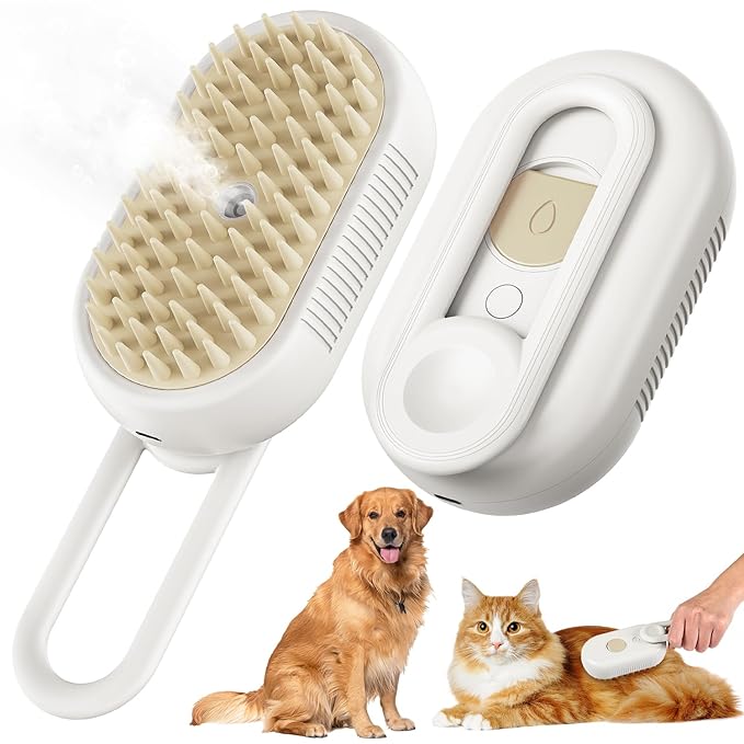 Upgrade Cat Steam Brush, 3 in 1 Pet Steam Groomer Brush, Rechargeable Pet Steam Groomer Comb for Massaging and Cleaning Shedding Pets Hair, Anti-Static Hair Removal Comb for Cats Dogs (White)-Mewly Pet