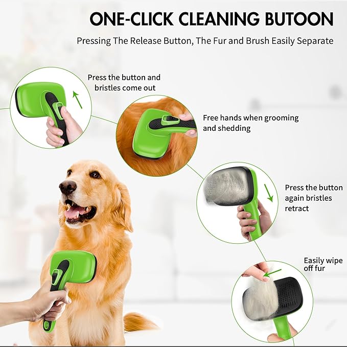 Dog Self Cleaning Slicker Brush for Shedding, Ideal for Short Long Haired Dogs, Including Cat. Removes Loose Fur, Undercoat, Mats, Tangled Hair. Suit for Large Medium Small Animal, Green-Mewly Pet