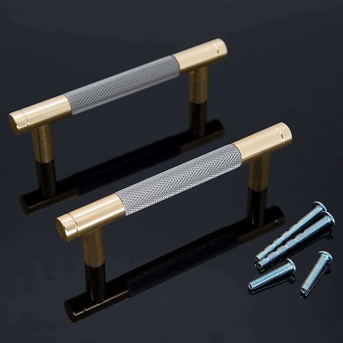 Knurled Cabinet Pulls 12 Pack, 5 Inch Long Cabinet Handles Metal Door Pulls, Kitchen Drawer Pull Knurled Dresser Handles - 3 3/4" Hole to Hole, Grey & Gold