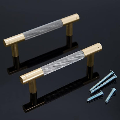 Knurled Cabinet Pulls 12 Pack, 5 Inch Long Cabinet Handles Metal Door Pulls, Kitchen Drawer Pull Knurled Dresser Handles - 3 3/4" Hole to Hole, Grey & Gold