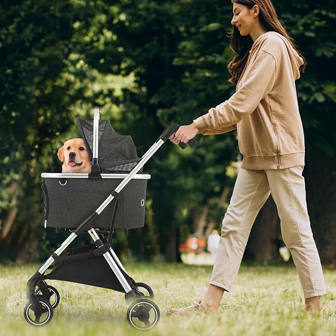 MoNiBloom Pet Stroller for Small/Medium Dogs w/Detachable Carrier & Lightweight Aluminum Frame, Folding Jogging Travel Stroller, Dark Gray-Mewly Pet