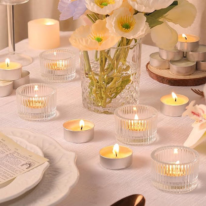 18 pcs Clear Tealight Candle Holders with 18PCS Tealights Candles, Glass Votive Candle Holders Set for Table Centerpiece, Home Decor and Party Supplies