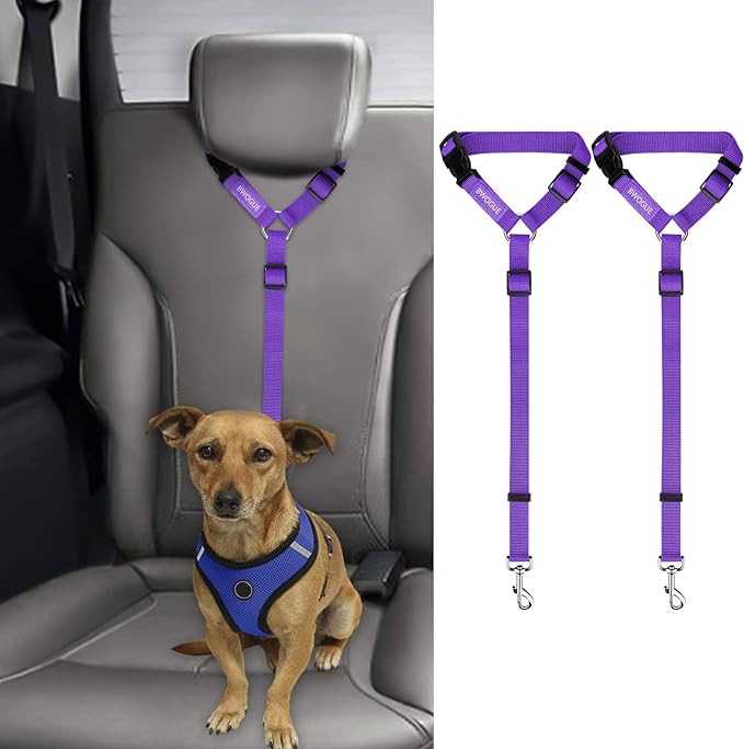 BWOGUE 2 Packs Dog Cat Safety Seat Belt Strap Car Headrest Restraint Adjustable Nylon Fabric Dog Restraints Vehicle Seatbelts Harness Purple-Mewly Pet