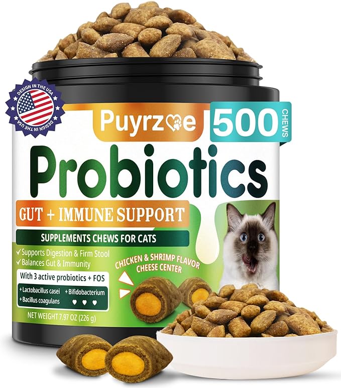 Cat Probiotics & FOS, Gut + Immune Support - 500 Chews Crunchy & Creamy Cheese Core, Probiotic for Digestive and Gut Health, Immunity, Constipation Relief for Cats Kittens - Chicken Shrimp-Mewly Pet