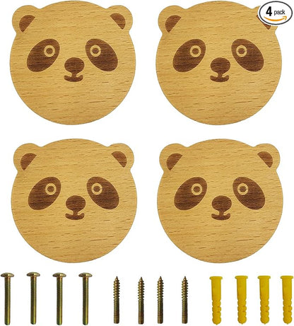 4PCS Wooden Panda Shaped Cabinet Knobs, Cabinet Handles, Single Hole Beech Wood Handles, Wood Hooks with Full Set of Screw Accessories
