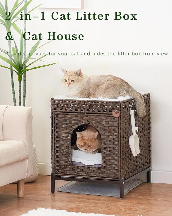 Cat Litter Box Enclosure Hidden Litter Box Furniture with Metal Heightened Feet, Rattan Handwoven Cat House with Litter Mat, Hidden Litter Box Furniture for Bedroom Living Room Brown-Mewly Pet