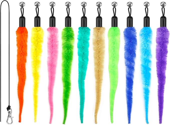 10PCS Cat Worm Toy for Cats, Cat Wand Toy Accessories, Cat Feather Toy Attachments Replacements, and 1PC Black String for Cat Fishing Pole Toy, Assorted Worm Cat Toy Teaser for Indoor Cats Kitten-Mewly Pet