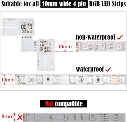 JACKYLED 20Packs L Shape 4-Pin LED Connectors with 22Pcs Clips 10mm for Strip Lights - 10mm 4pin