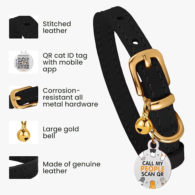 BRONZEDOG Leather Cat Collar with Removable Bells Non Breakaway Kitten QR Tag for Girl Boy (9" - 12" Cats/Mini Dogs, Black & Gold)-Mewly Pet
