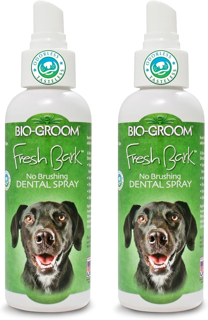 Bio-groom Fresh Bark Dog Breath Freshener - No Chew Dental Spray for Dogs & Cats, Teeth Cleaning Oral Care for Plaque & Tartar, No Brushing Required, Made in The USA - Flavorless, 4 fl oz (Pack of 2)-Mewly Pet